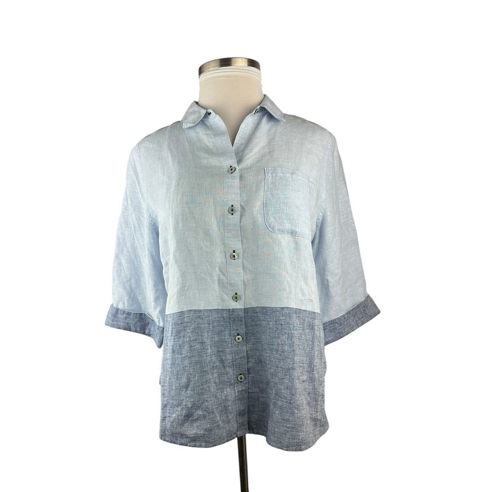 Chico's 100% Linen No-Iron Button-Up Shirt Colorblock TopSize 2 12 / 14 Coastal - Picture 10 of 10